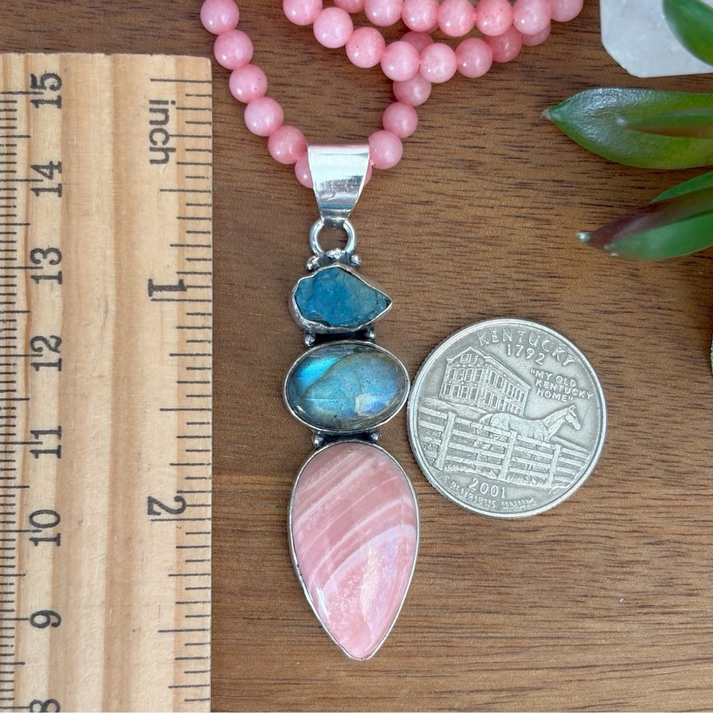 Raw Apatite Labradorite & Pink Opal Cluster Pendant Necklace Southwest Boho 925 - Picture 9 of 9